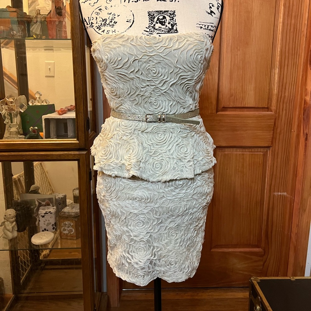 Ruby Rox Strapless Mini-Dress with Rose Pattern.  Champagne Color. Size 5.